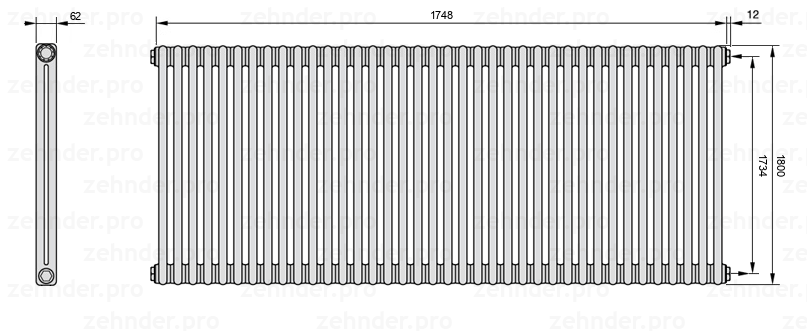 Схема (чертеж) Радиатор Zehnder Charleston 2180/38 №7610 Technoline TL
